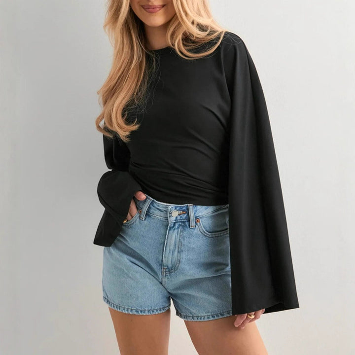 Damen cropped Langarmshirt mit weit ausgestellten Ärmeln Drune