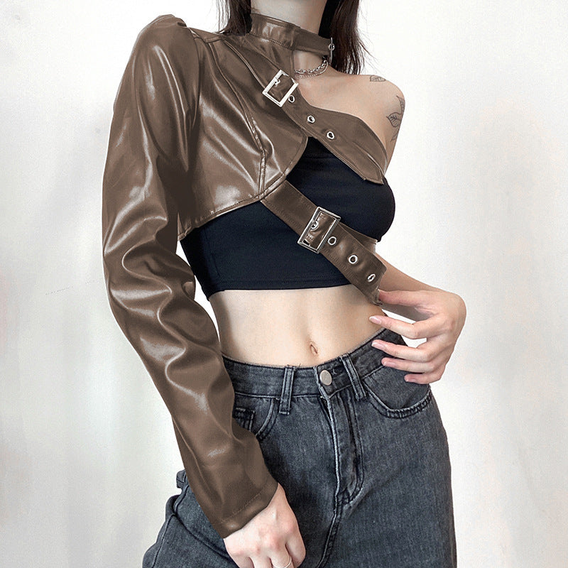 Damenmode-Oberteil aus Kunstleder mit asymmetrischem Design Drune