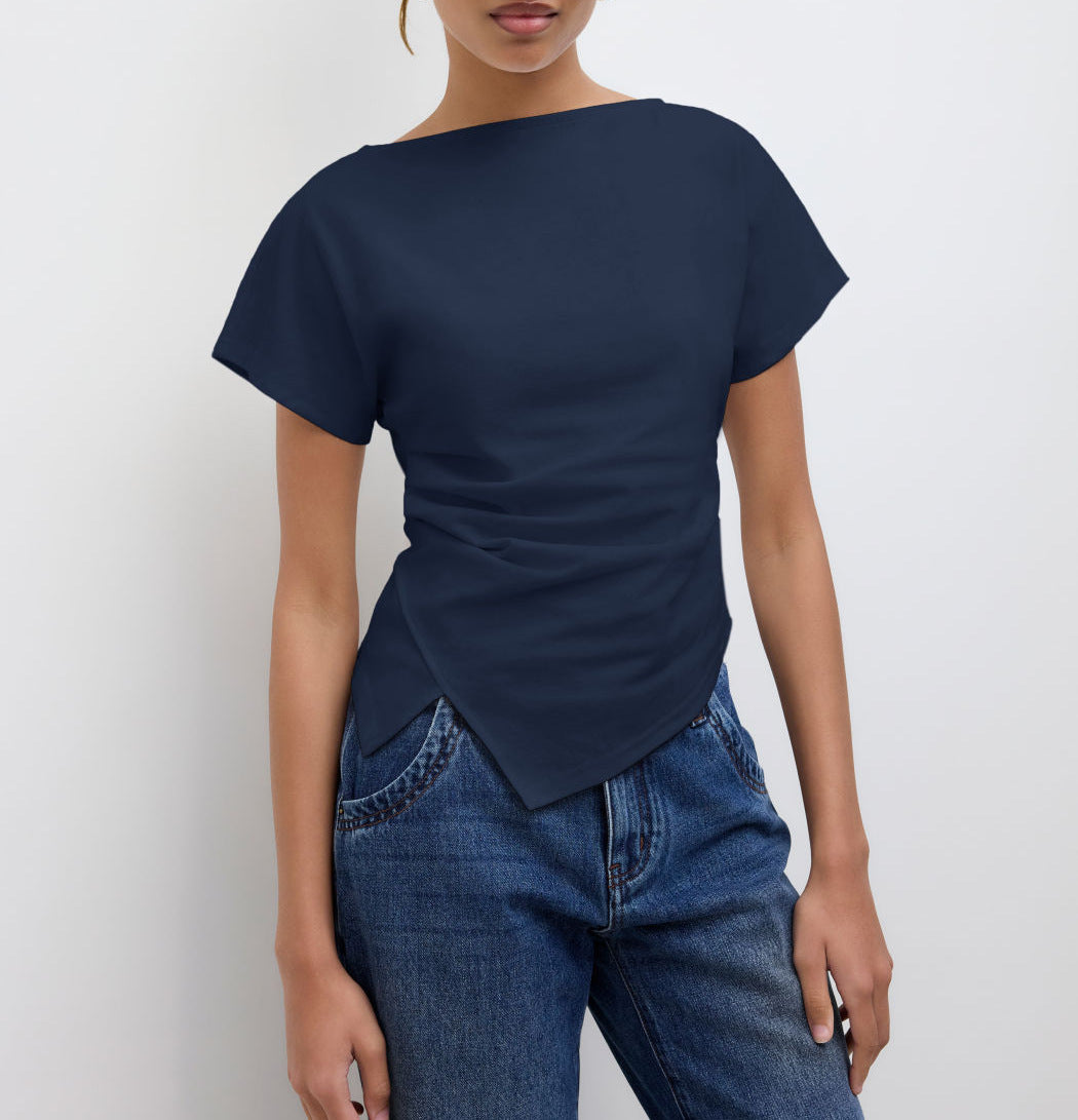 Damen Cropped T-Shirt mit asymmetrischem Schnitt und dekorativem Drapierungseffekt Drune