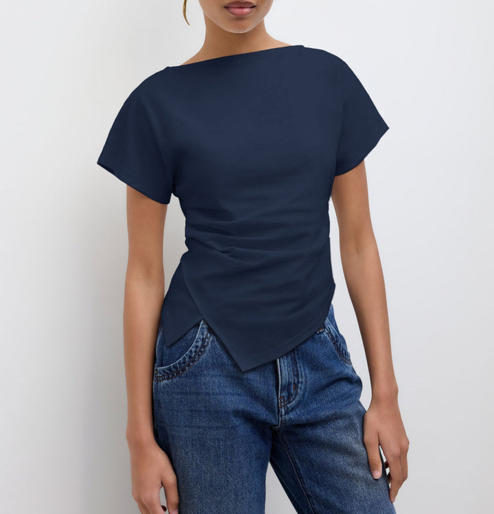 Damen Cropped T-Shirt mit asymmetrischem Schnitt und dekorativem Drapierungseffekt Drune