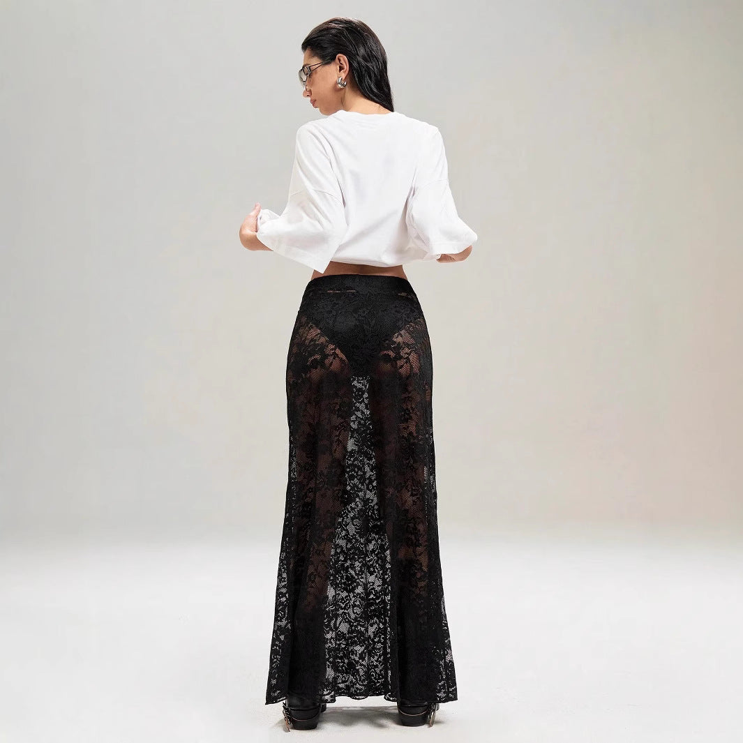 Damen Maxirock aus eleganter Spitze mit hohem Schlitz und voluminösem Schnitt Drune