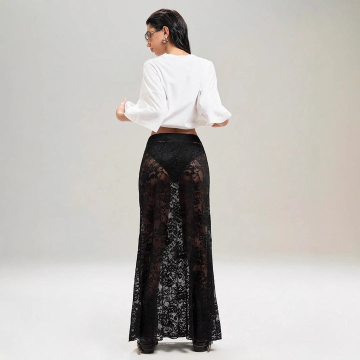 Damen Maxirock aus eleganter Spitze mit hohem Schlitz und voluminösem Schnitt Drune