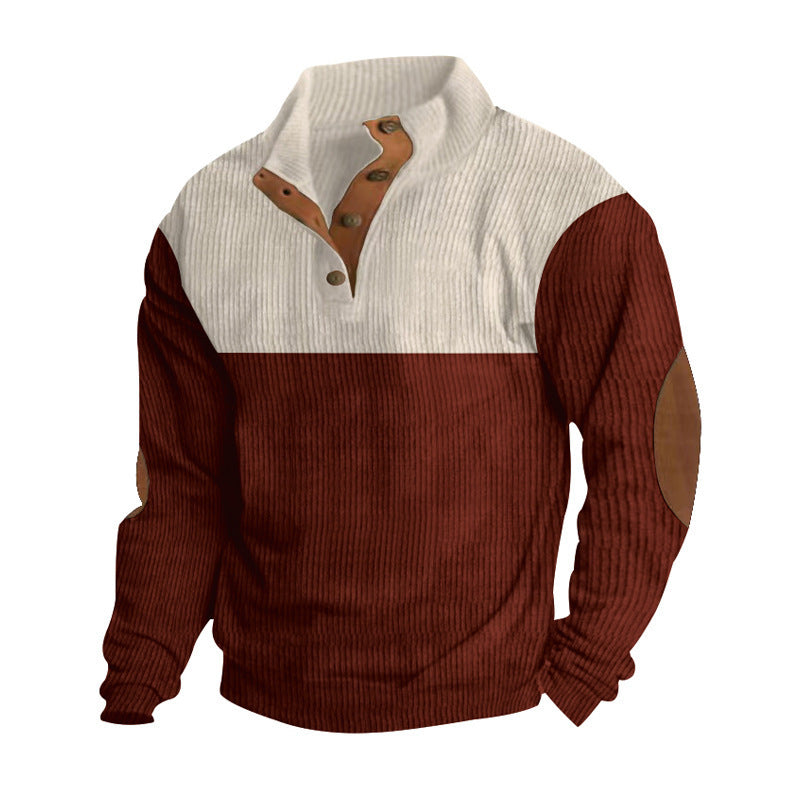 Herren nan rustikaler gerippter Pullover mit Henley-Kragen und lederartigen Ellbogenbesätzen Drune