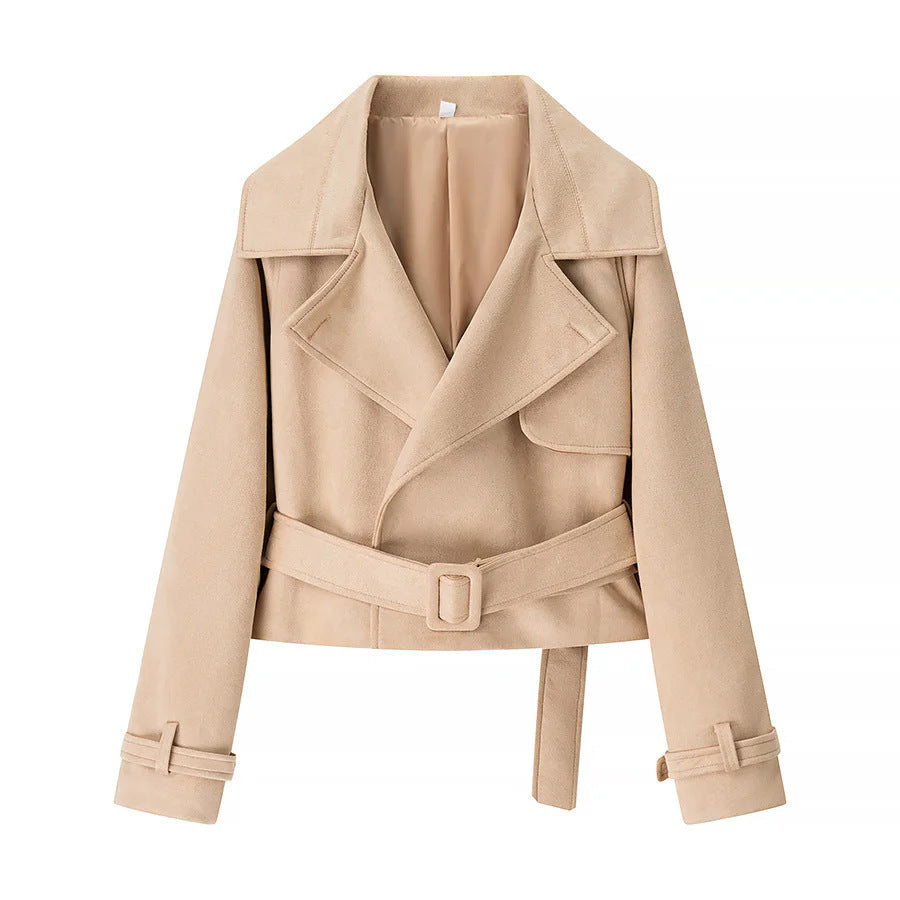 Damen modische cropped Jacke mit breitem Revers und tailliertem Gürtel Drune