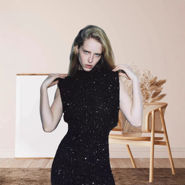 Damen Elegantes Cocktailkleid mit funkelndem Paillettendesign und hochgeschlossenem Stehkragen Drune