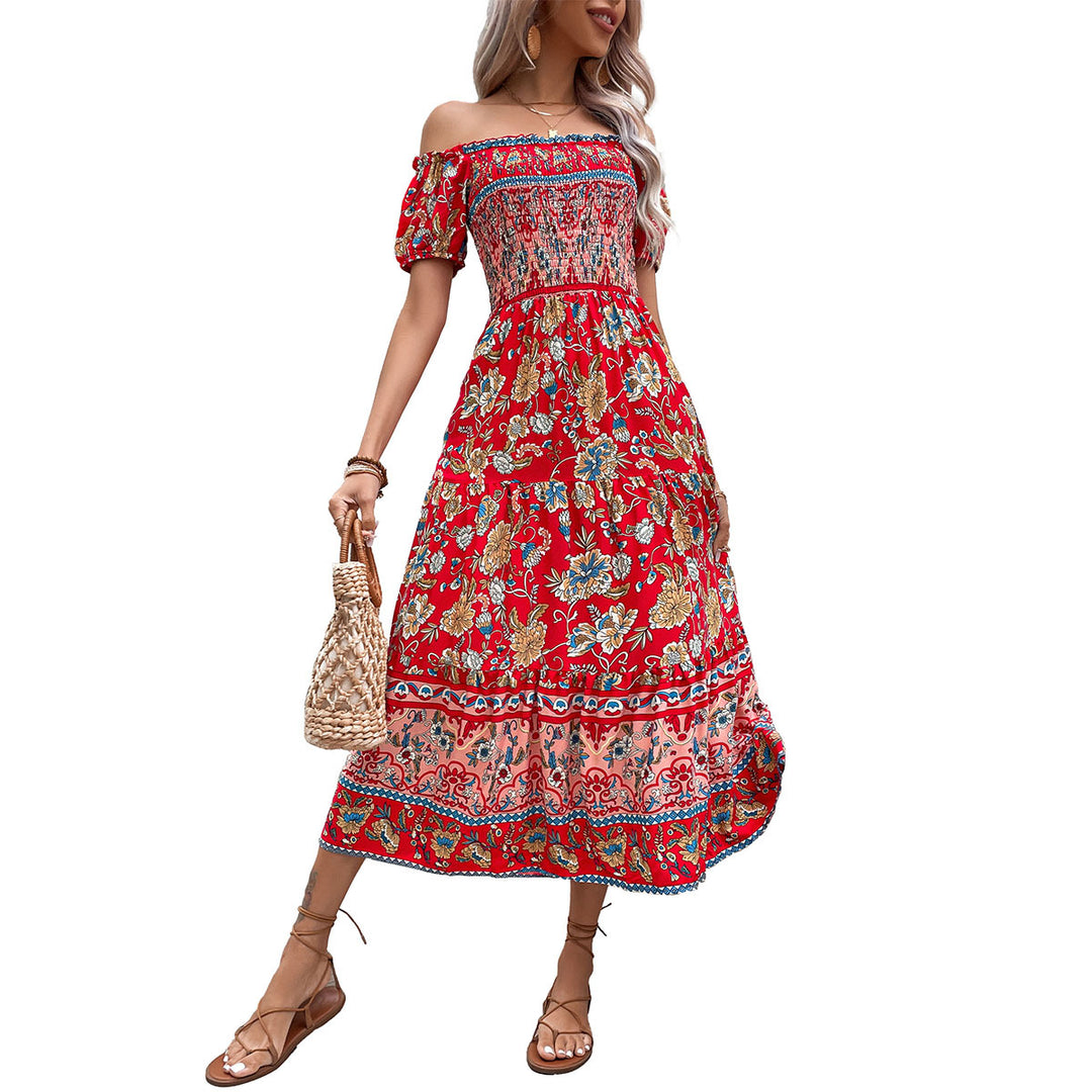 Damen Off-Shoulder Maxikleid mit floralen Mustern und elastischem Taillenzug Drune