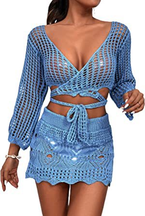 Damen gehäkeltes Crop-Top und Minirock-Set mit eleganten Binde-Details Drune