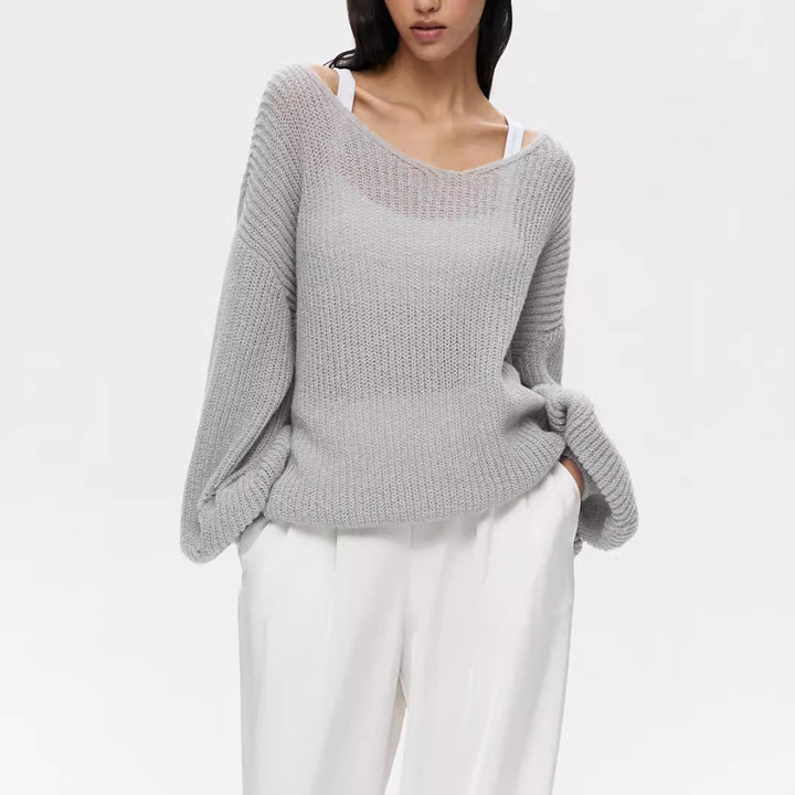 Damen lässiger Strickpullover mit weiten Ärmeln und tiefem V-Ausschnitt Drune