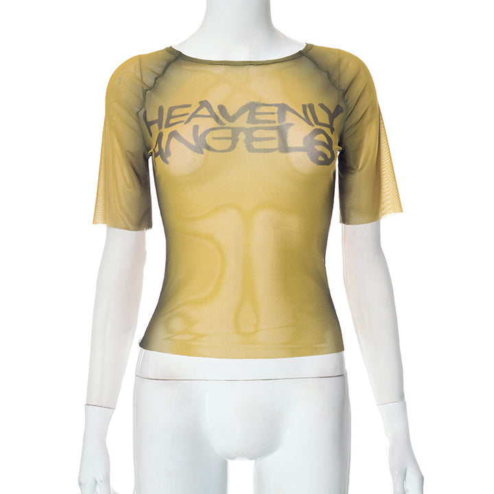 Damen transparentes Kurzarmshirt mit grafischem Schriftzug Drune