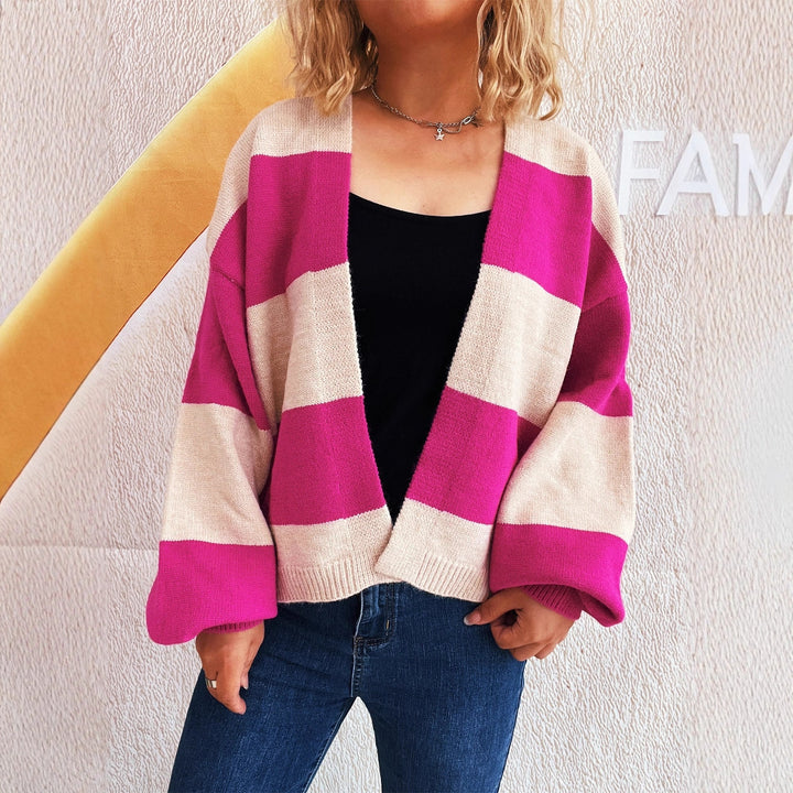 Damen lässige Strickjacke mit breitem Streifenmuster und extra weitem Schnitt Drune