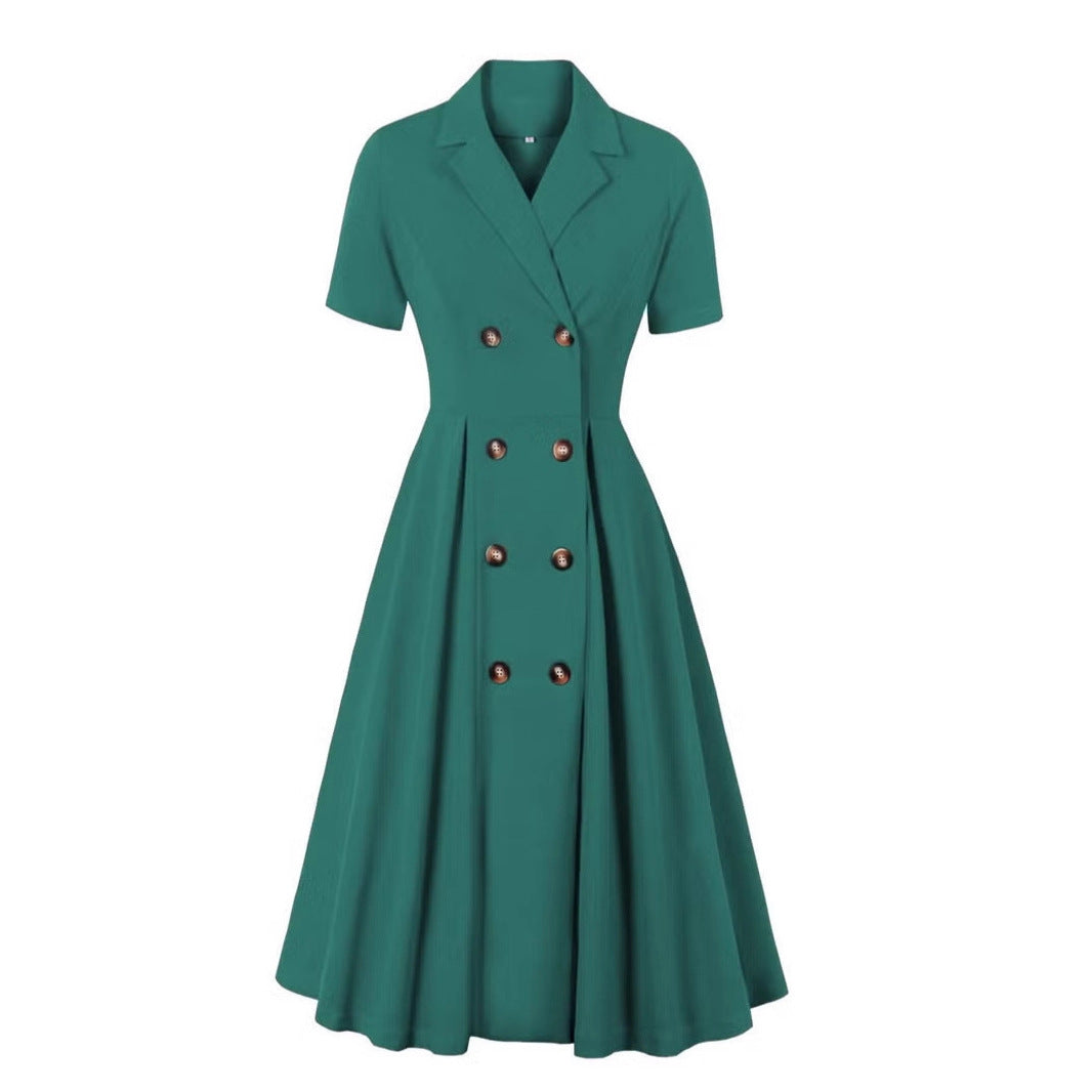 Damen elegantes Midikleid mit doppelter Knopfleiste und schwingendem Rock Drune