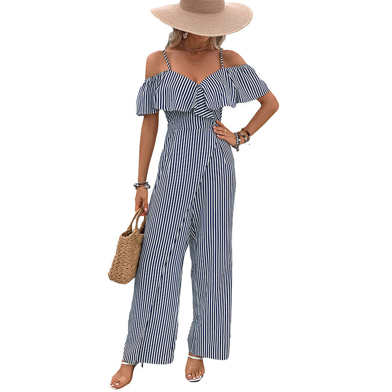 Damen eleganter Jumpsuit mit schulterfreiem Design und gestreiftem Muster Drune