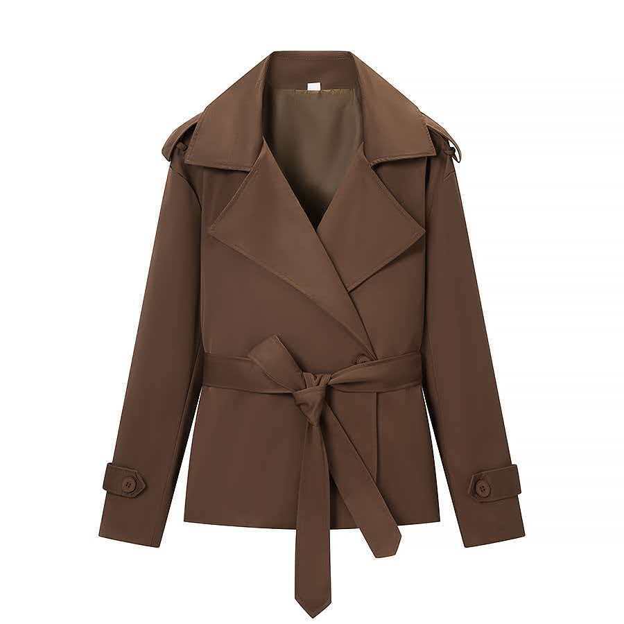 Damen nan kurze Trenchcoat Jacke mit Taillengürtel breitem Revers und dekorativen Schulterklappen Drune