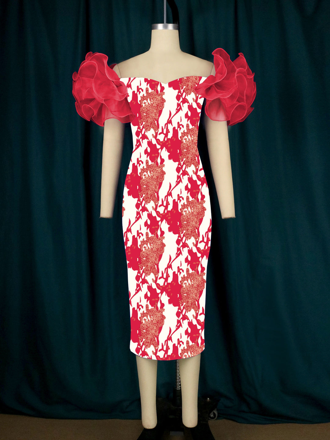 Damen Elegantes Midi-Kleid mit innovativen Puffärmeln und kunstvollem Druck Drune