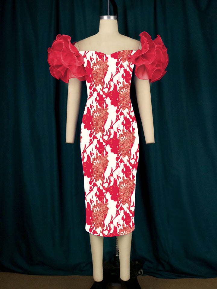Damen Elegantes Midi-Kleid mit innovativen Puffärmeln und kunstvollem Druck Drune