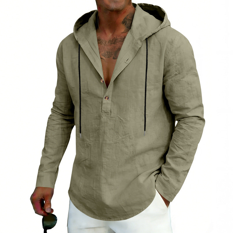 Herren nan Leinen-Henley-Kapuzenhemd mit kurzer Knopfleiste, Kapuze und relaxtem Schnitt Drune