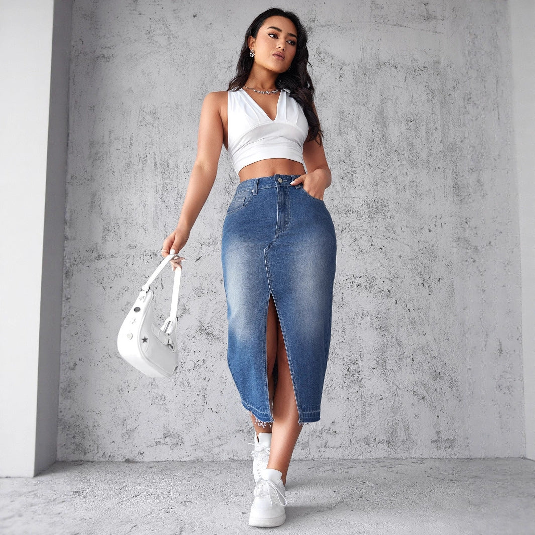 Damen Denim-Midirock mit hohem Schlitz und fransigem Saum Drune