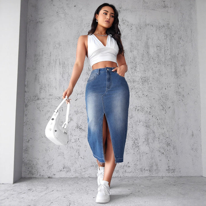 Damen Denim-Midirock mit hohem Schlitz und fransigem Saum Drune