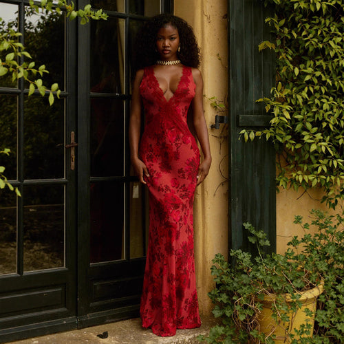 Damen nan figurbetontes Maxikleid im Meerjungfrauen-Schnitt mit tiefem V-Ausschnitt und floraler Spitzenapplikation Drune