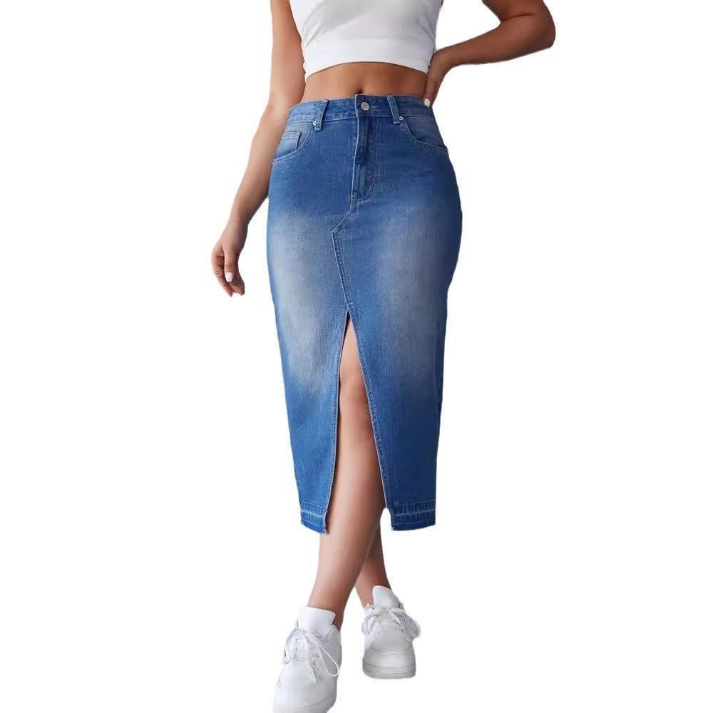 Damen Denim-Midirock mit hohem Schlitz und tailliertem Schnitt Drune