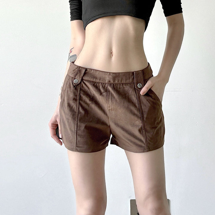 Damen Kunstleder Shorts mit dekorativem Knopf und figurbetontem Schnitt Drune