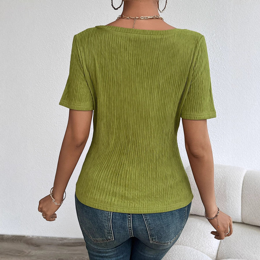 Damen V-Ausschnitt Kurzarmshirt mit feiner Rippstruktur Drune