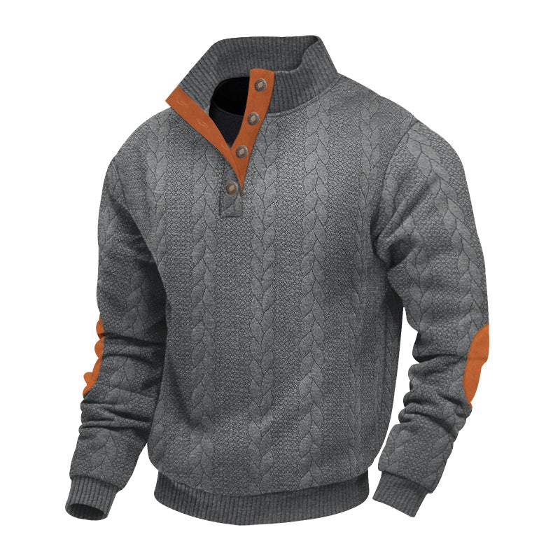 Herren nan strukturiertes Kabelstrick-Henley-Pullover mit Stehkragen und Ellbogenpatches Drune