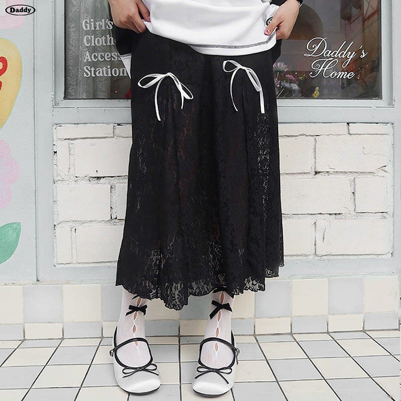 Damen eleganter Spitzenrock mit transparenten Einsätzen und raffinierten Bindebändern Drune
