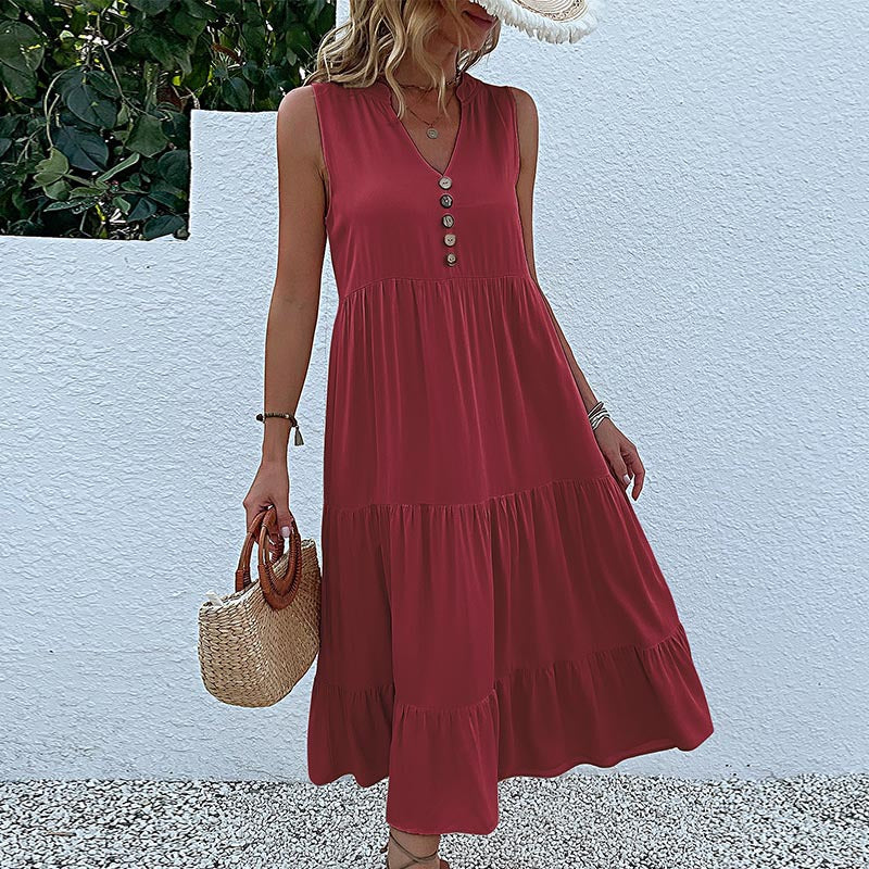 Damen luftiges Maxikleid mit Knopfdetails und Rüschensaum Drune