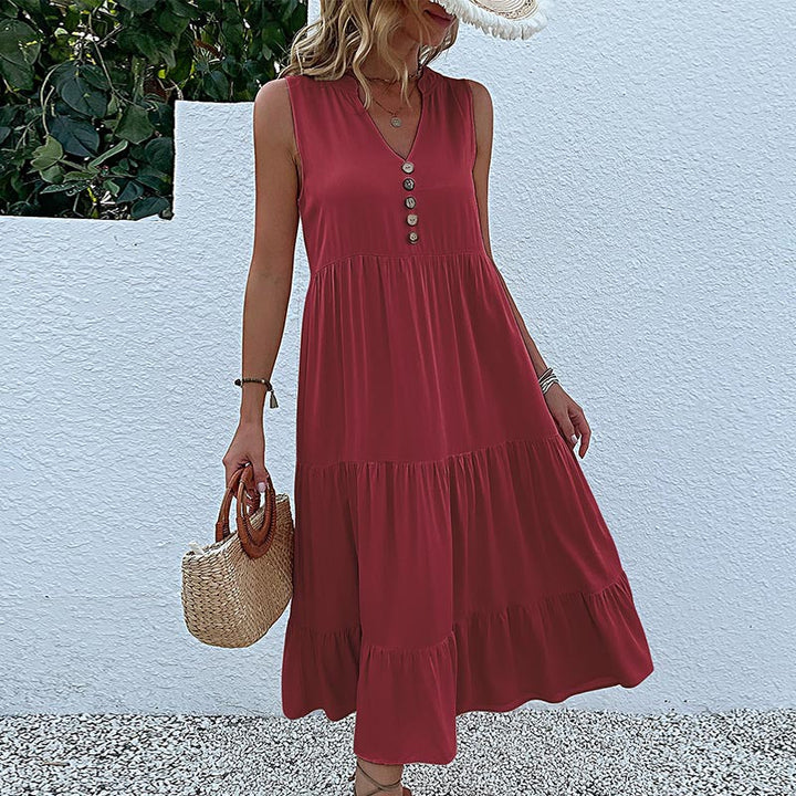 Damen luftiges Maxikleid mit Knopfdetails und Rüschensaum Drune