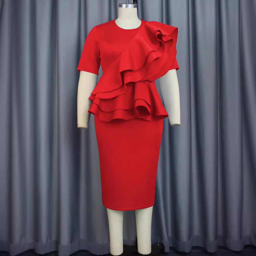 Damen elegantes Rüschenkleid mit taillierter Silhouette Drune