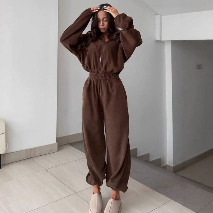 Damen modischer Fleece-Jogginganzug mit Halb-Reißverschluss und elastischem Bund Drune