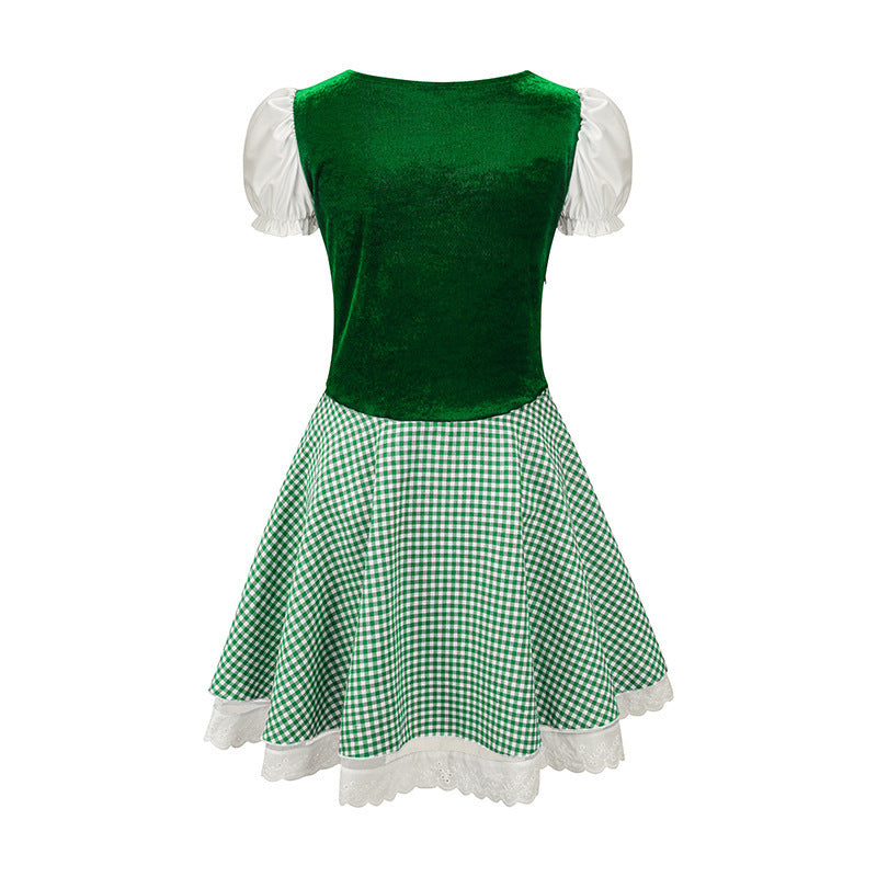 Damen nan bayerisch inspiriertes Mini-Dirndl mit geschnürtem Mieder, Puffärmeln und Vichykaro-Rock Drune