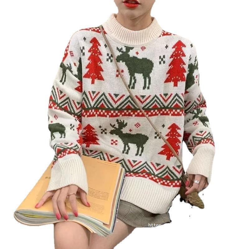Damen Grobstrickpullover mit festlichem Rentier-Motiv und Rundhalsausschnitt Drune