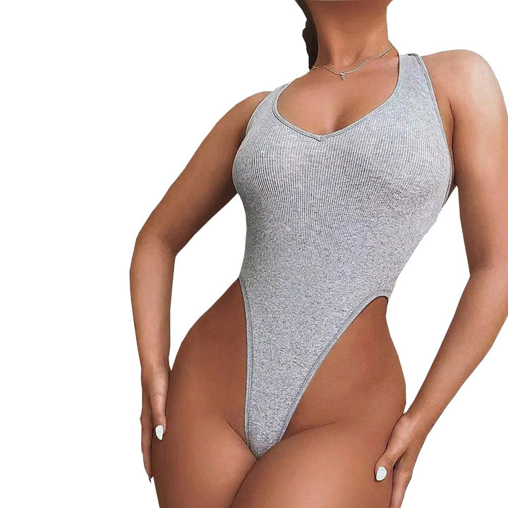 Damen Hochgeschnittener Badeanzug mit tiefem V-Ausschnitt und modischem Rippdesign Drune