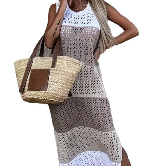 Damen Lässiges Strickkleid mit raffiniertem Lochmuster und seitlichen Schlitzen Drune