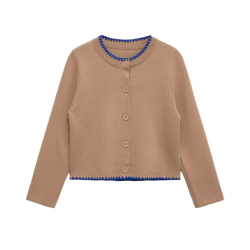 Damen lässige Strickjacke mit dekorativen Knopfdetails und kontrastierendem Saum Drune