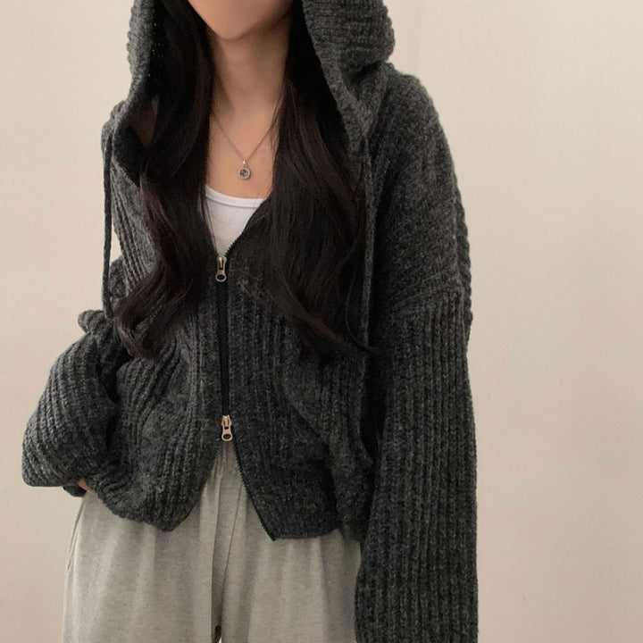 Damen Bequemer Strickjacke mit Kapuze und Reißverschluss Drune