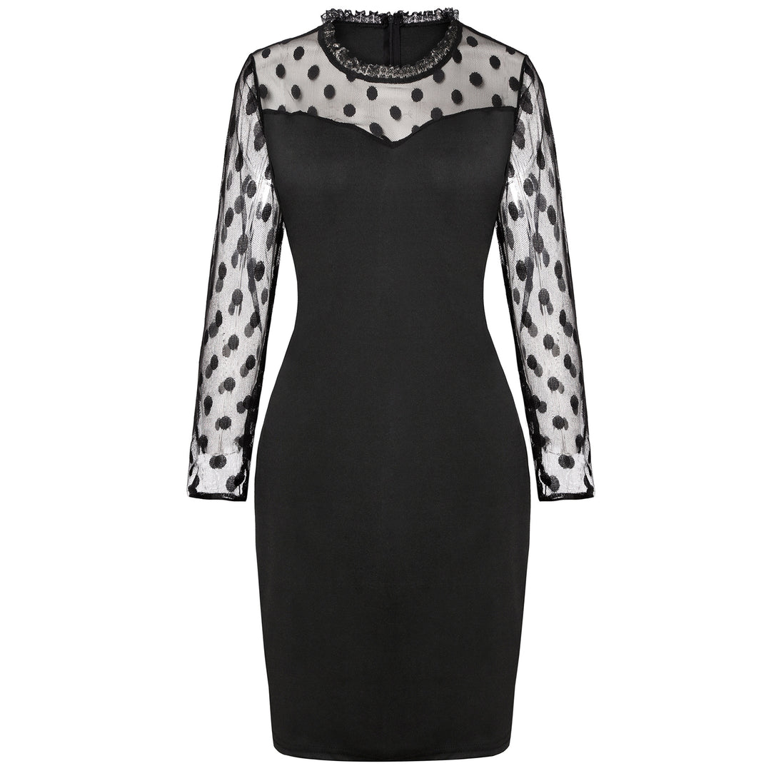 Damen schickes Partykleid mit transparenten Puffärmeln und Punkten Drune