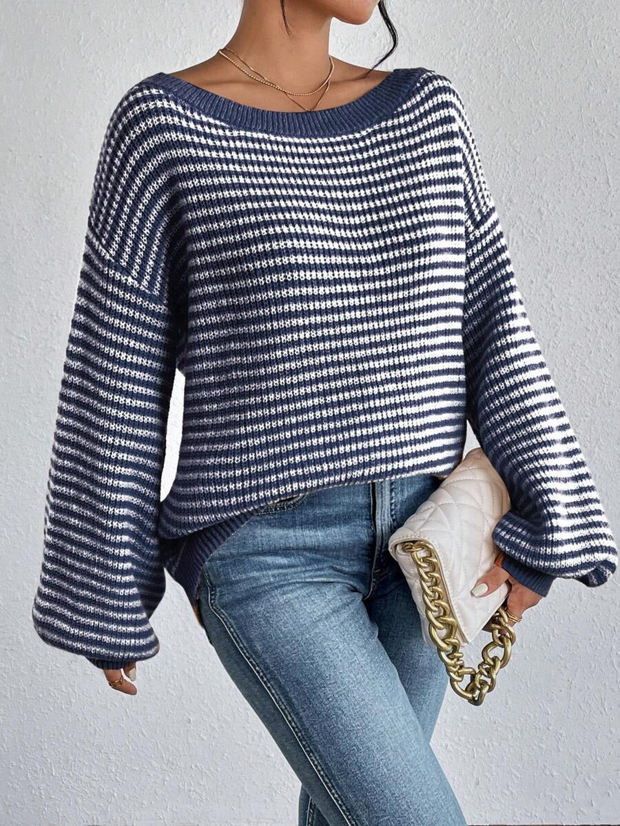 Damen Oversized Strickpullover mit weitem Rundhalsausschnitt Drune