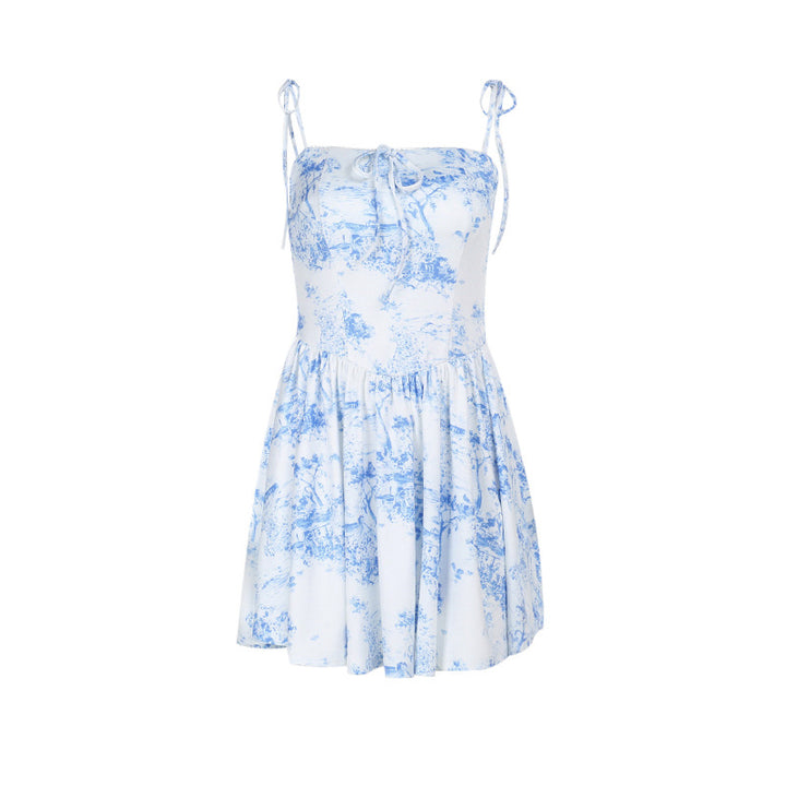 Damen verspieltes Midikleid mit Spaghetti-Trägern und floralen Motiven Drune