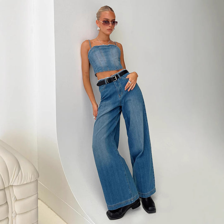 Damen nan hochgeschnittene Weitbein-Jeans mit rohem Bund, extra weitem Bein und Fünf-Taschen-Schnitt Drune