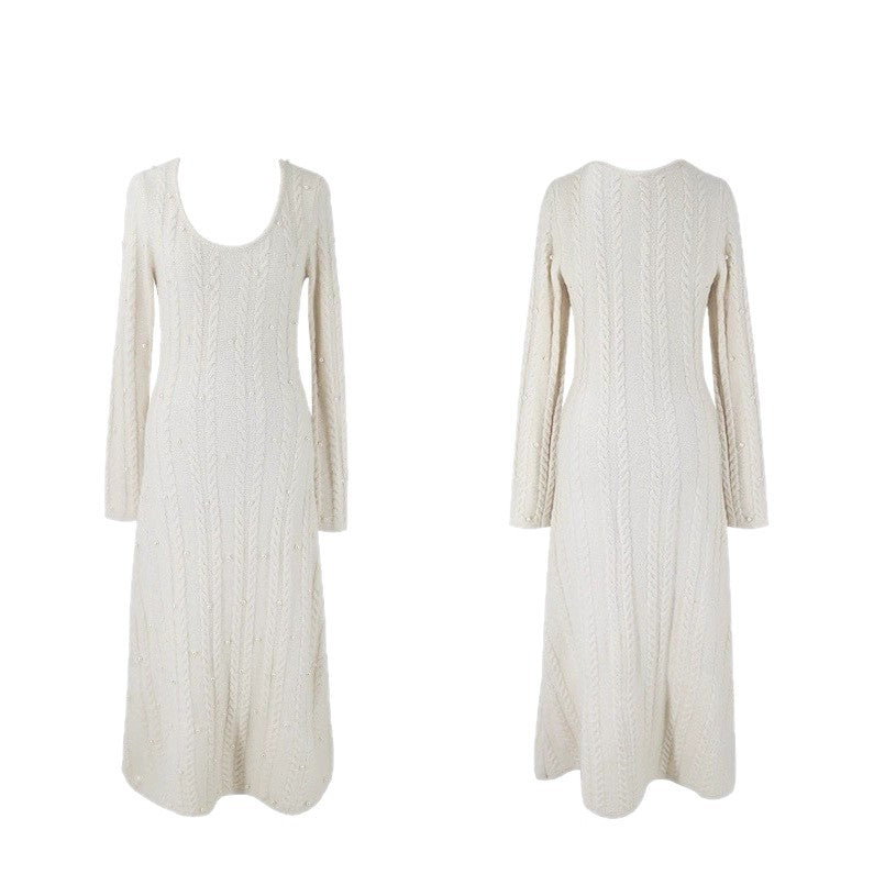 Damen Strickkleid mit Zopfdesign und Perlenverzierung Drune