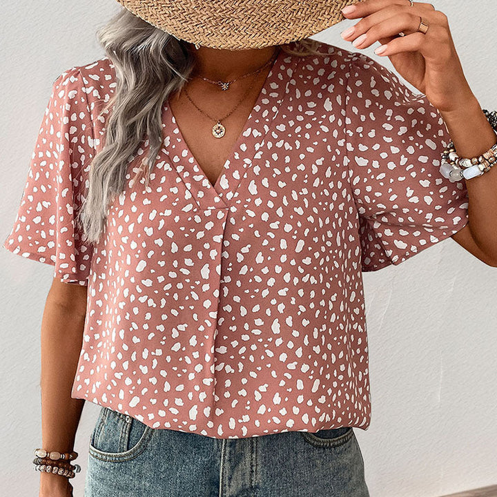 Damen V-Ausschnitt T-Shirt mit Leopardenmuster und fließendem Schnitt Drune