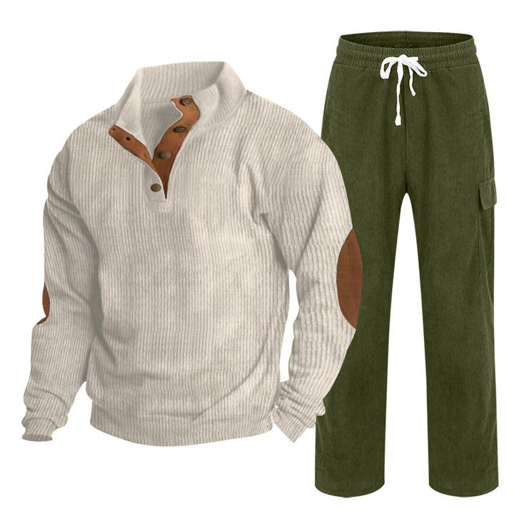 Herren nan strukturiertes Cord-Henley-Loungewear-Set mit Ellenbogenpatches und Cargo-Jogpant Drune