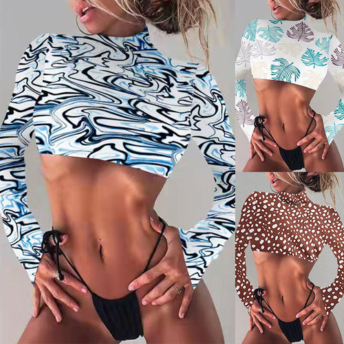 Damen Crop-Top mit langen Ärmeln und exotischem Blattmuster Drune