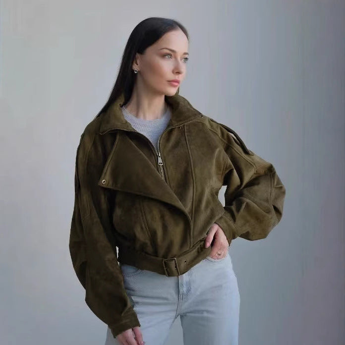 Damen Stilvolle Kurzjacke mit Gürtel und asymmetrischem Schnitt Drune