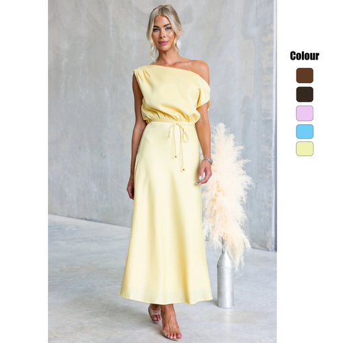 Damen Maxi-Kleid mit schulterfreiem Design und elastischem Taillenbund Drune