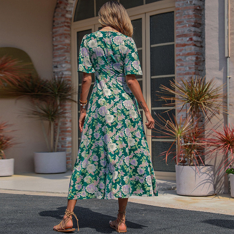 Damen Maxikleid mit floralem Design und tiefem V-Ausschnitt Drune