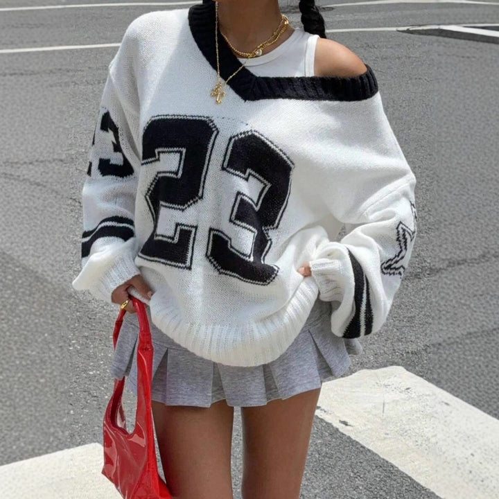 Damen Sportlicher V-Ausschnitt Pullover im lässigen College-Stil Drune